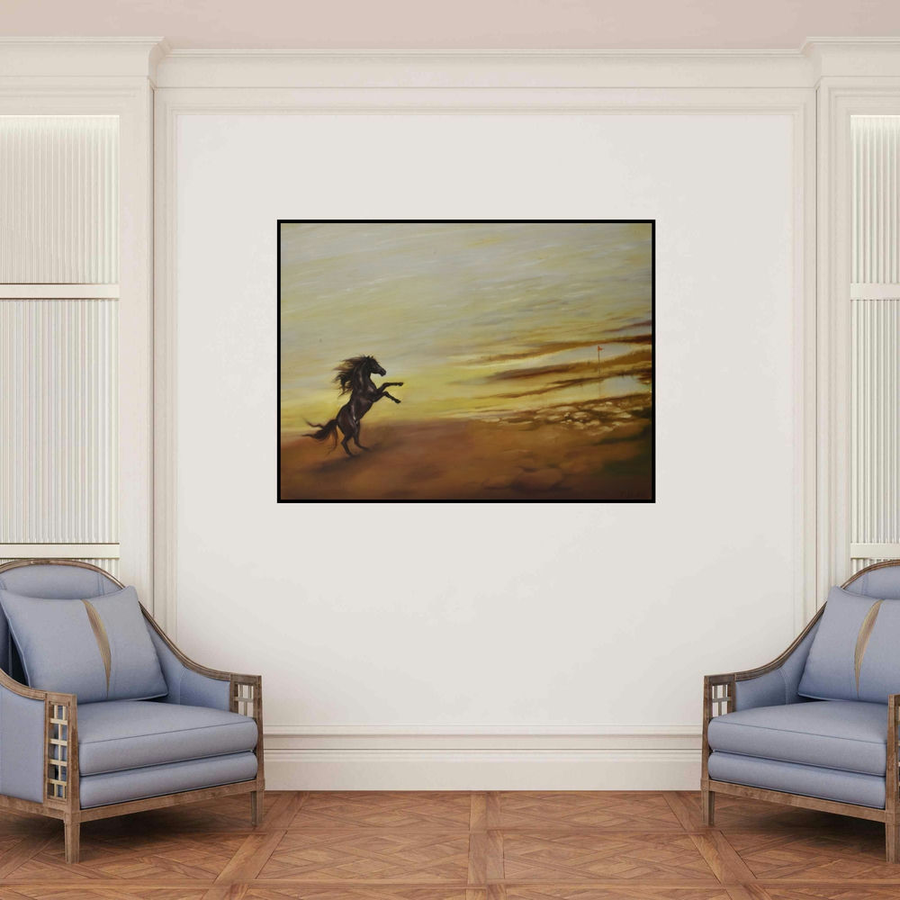 'Stallion (Spirit of the Wild)' painting by Durshit Bhaskar shown on a wall in a furnished room.