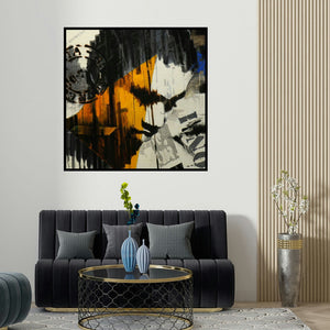 Devidas Dharmadhikari's 'Stamp Series 209 (Inner Turmoil)' painting visualized above a sofa in a contemporary room.