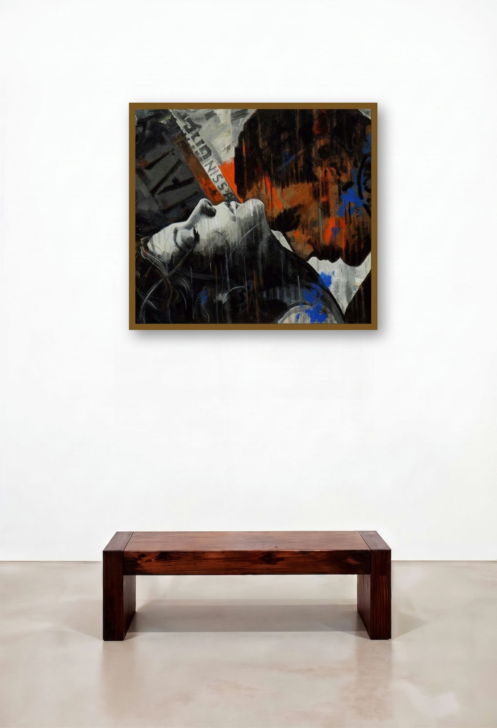 Stamp Series 211 (Passion's Embrace) by artist Devidas Dharmadhikari displayed in a Japandi Study