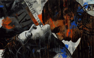 Stamp Series 211 (Passion's Embrace) by Devidas Dharmadhikari, Original Acrylic Figurative Painting on Canvas, Large Horizontal Wall Art