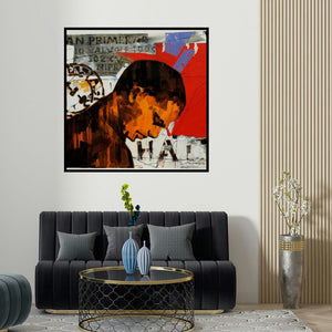 Devidas Dharmadhikari's 'Stamp Series 212 (Echoes of Time)' painting visualized above a sofa in a contemporary room.