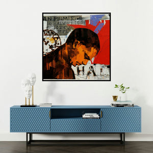 'Stamp Series 212 (Echoes of Time)' painting by Devidas Dharmadhikari shown on a wall in a furnished room.