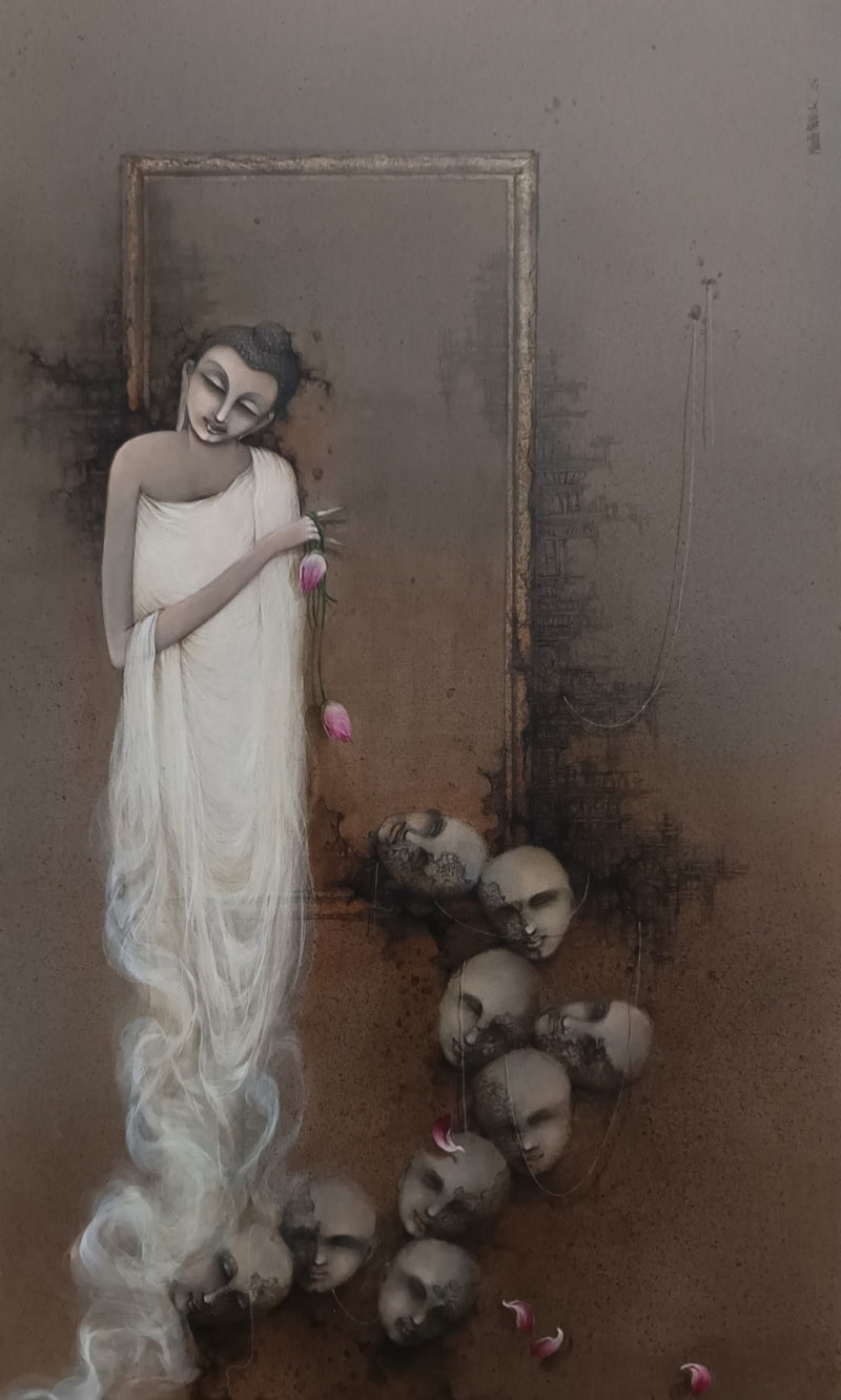 Standing Buddha' religious acrylic painting by artist Mintu Mallick, 60x36 inch, on canvas