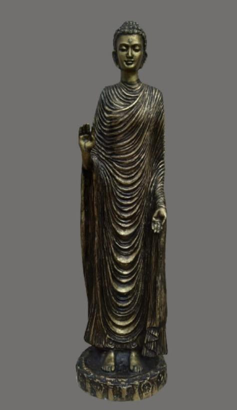 Standing Buddha' religious Brass sculpture by artist Rohan Sonavane, 40x12 inch, on brass