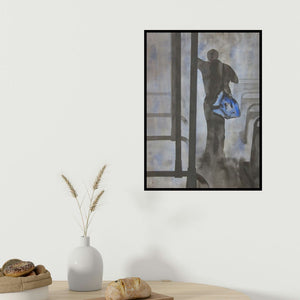 Manish Sutar's 'Standing In Bus (Urban Transit: A Figurative Composition)' painting visualized above a sofa in a contemporary room.