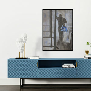 'Standing In Bus (Urban Transit: A Figurative Composition)' painting by Manish Sutar shown on a wall in a furnished room.