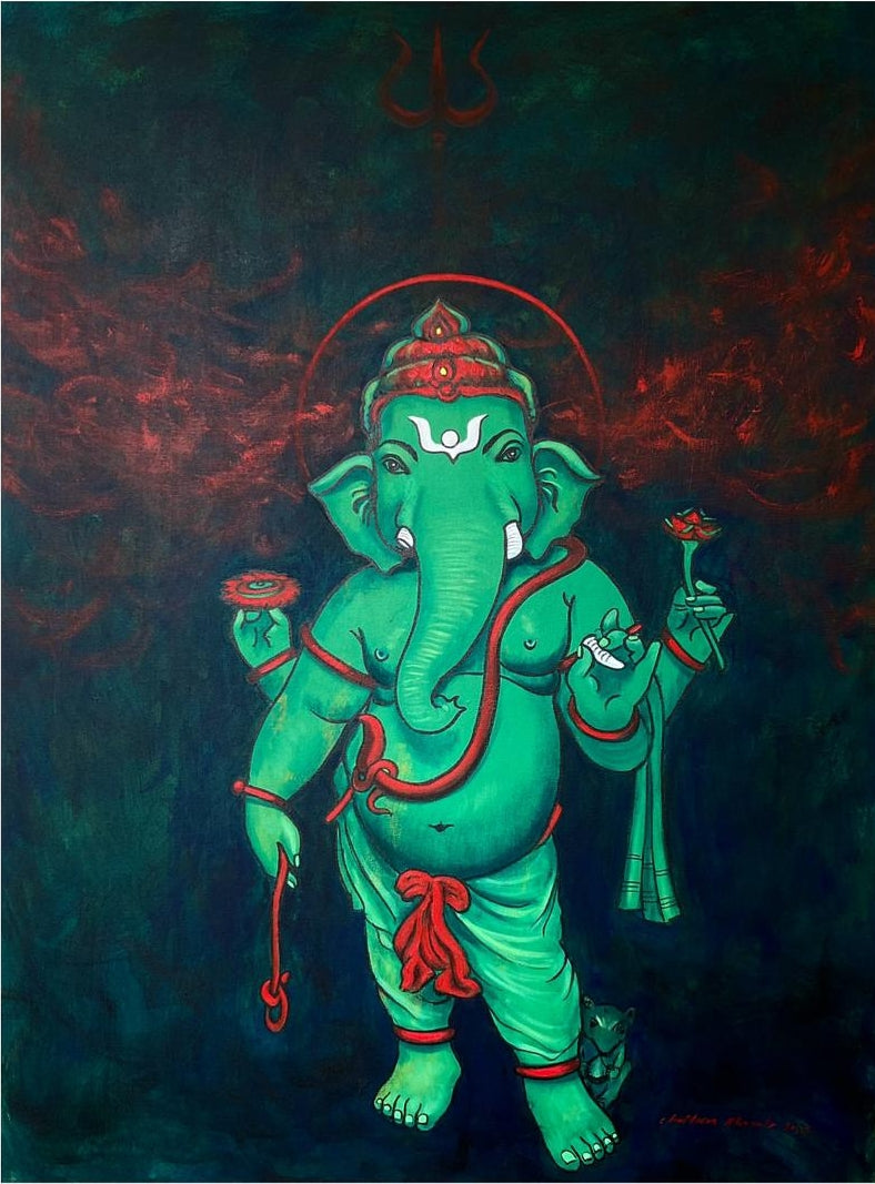 Standing Ganesha' religious acrylic painting by artist Chaitan Bhosale, 48x36 inch, on canvas