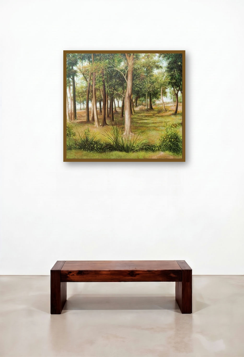 Standing High (Sunlit Forest Glades) by artist Arabinda Mukherjee displayed in a Industrial Living Room