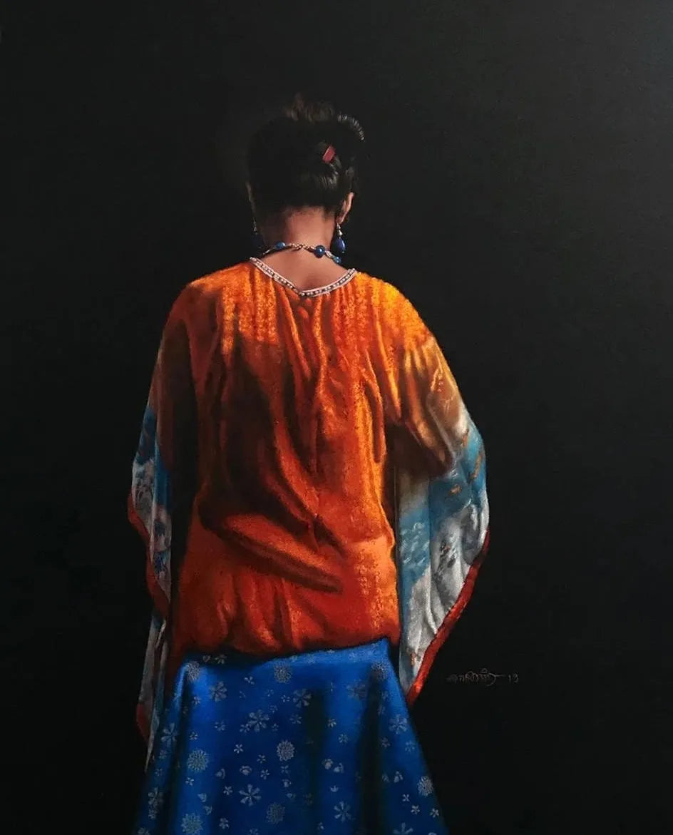 Figurative mixed-media painting titled 'Standing Lady 1', 40x30 inch, by artist Shashikant Dhotre on Paper