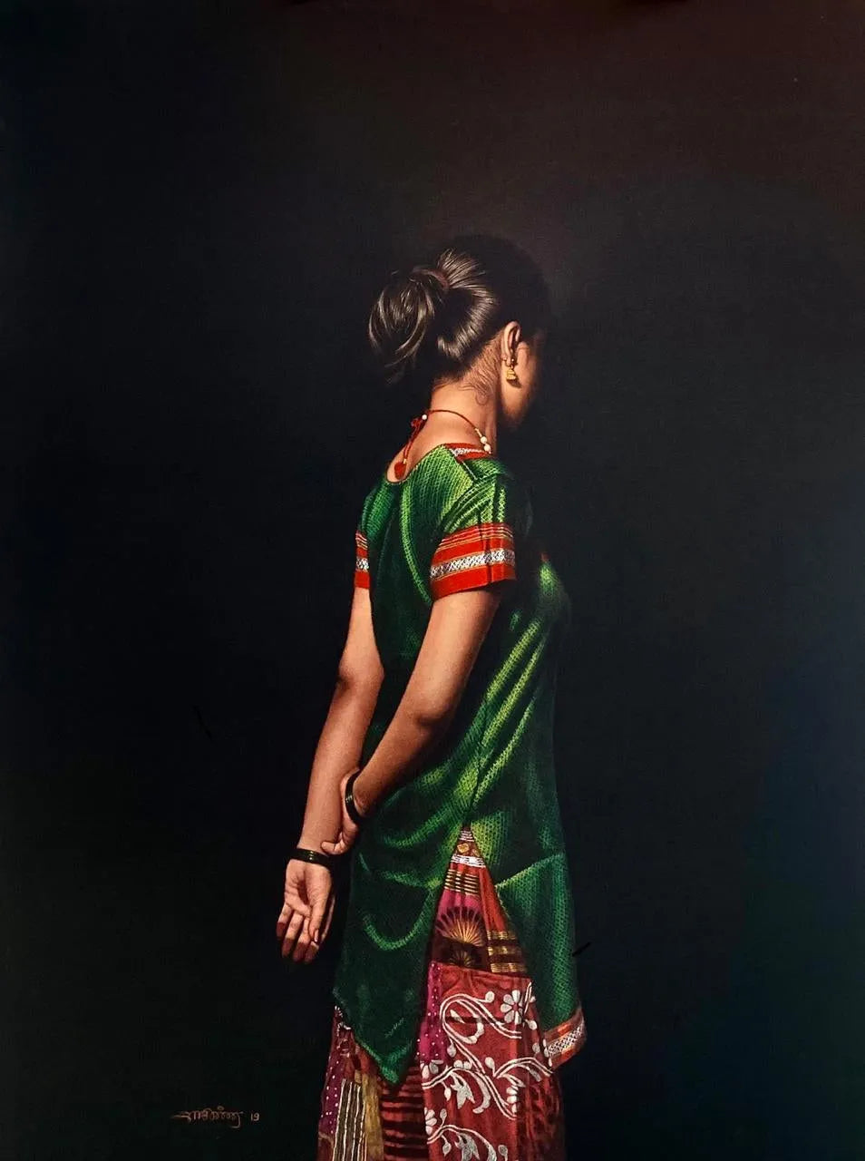 Figurative mixed-media painting titled 'Standing Lady 2', 40x30 inch, by artist Shashikant Dhotre on Paper