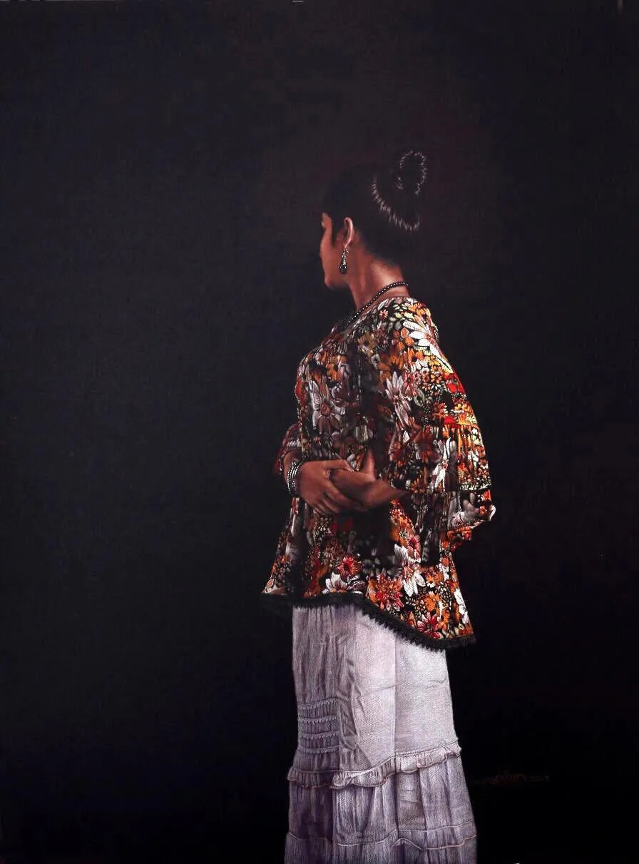 Figurative mixed-media painting titled 'Standing Lady 3', 40x30 inch, by artist Shashikant Dhotre on Paper