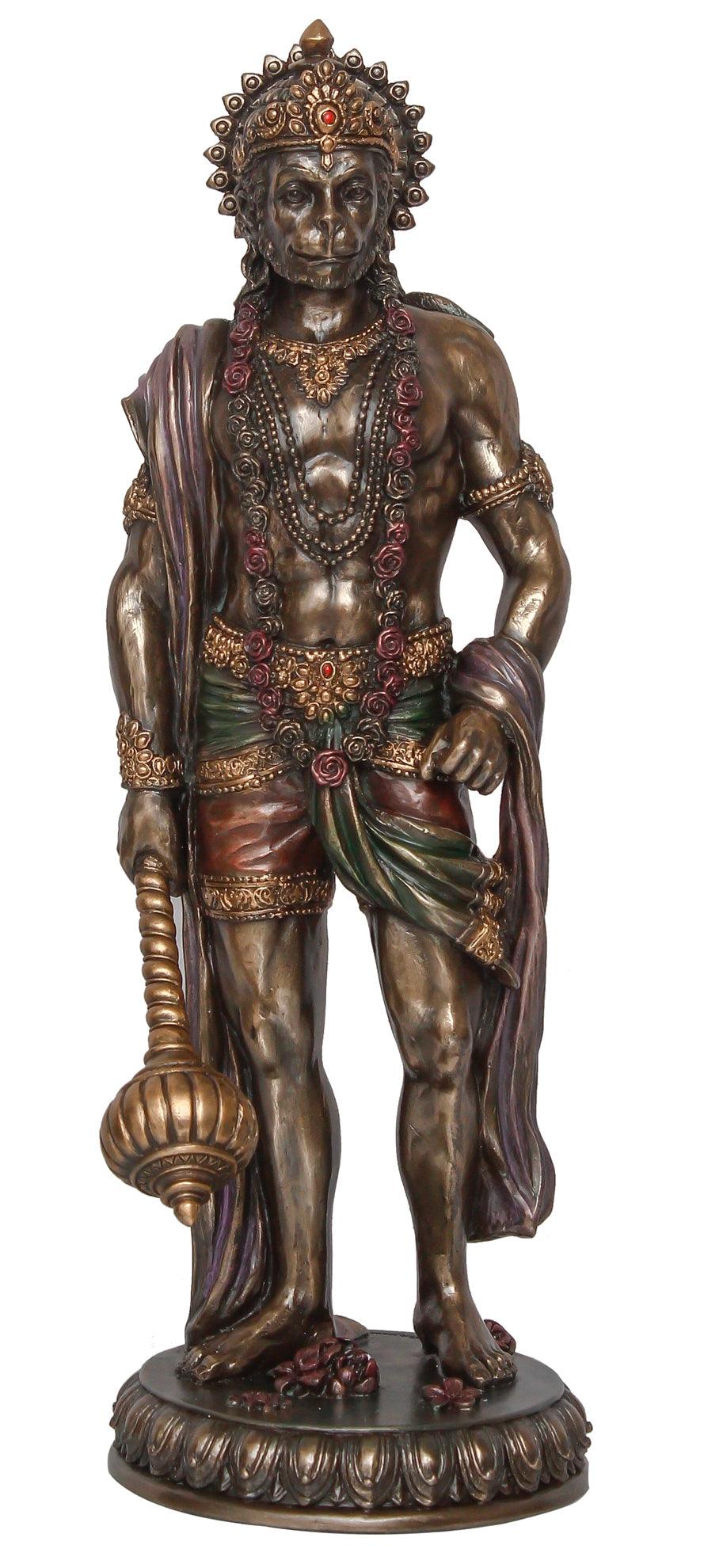 Religious handicraft titled 'Standing Lord Hanuman Idol With Gada', 10x4x4 inches, by artist Brass Handicrafts on Polyresin And Bronze
