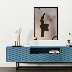 'Standing Man 2 (Urban Meditation: A Figurative Composition)' painting by Manish Sutar shown on a wall in a furnished room.