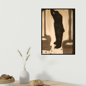 Manish Sutar's 'Standing Man (Urban Silhouette: A Figurative Study)' painting visualized above a sofa in a contemporary room.