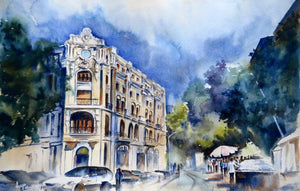 Standing Tall (A Glimpse of Colonial Era) by Lasya Upadhyaya, Original Watercolor Landscape Painting on Paper, Small Horizontal Wall Art