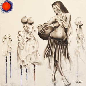 Nude mixed media painting titled 'Staring Into The Void 3', 48x48 inches, by artist Tejinder Ladi Singh on Canvas