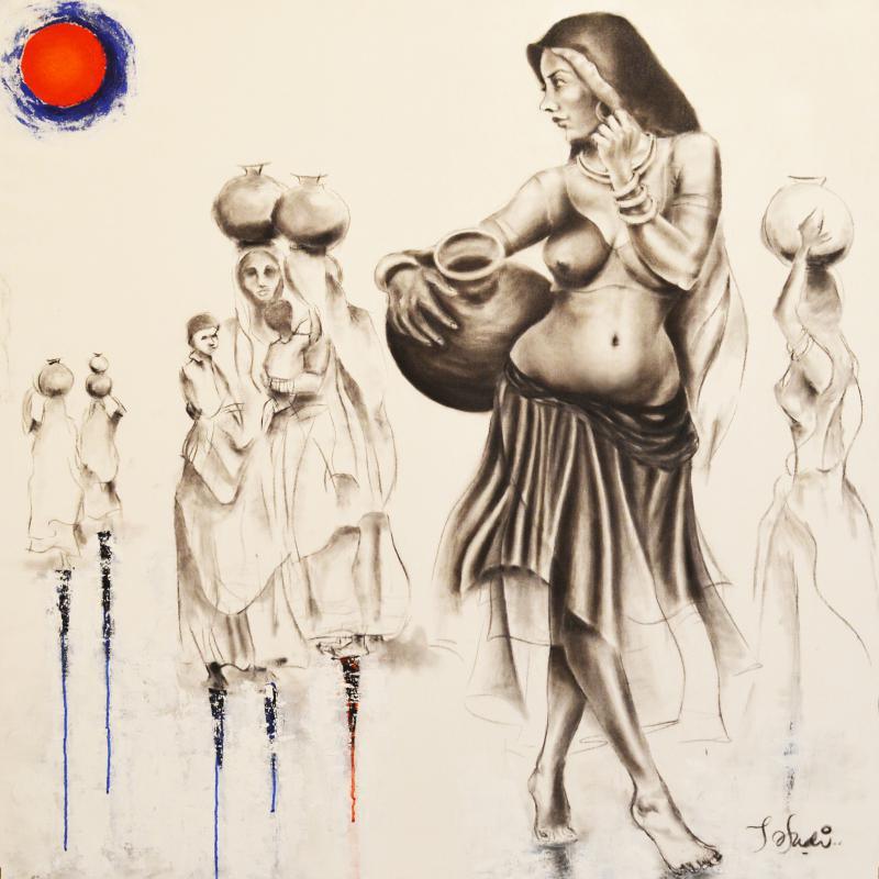 Nude mixed media painting titled 'Staring Into The Void 3', 48x48 inches, by artist Tejinder Ladi Singh on Canvas