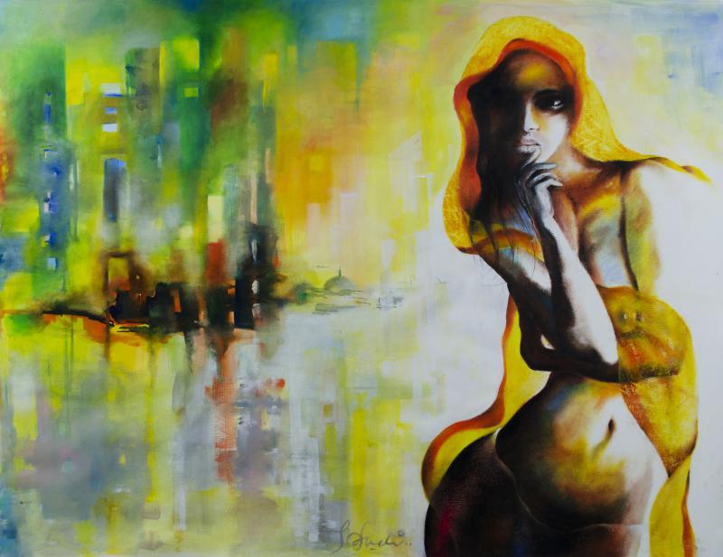 Figurative oil pastel painting titled 'Staring Into The Void 4', 27x35 inches, by artist Tejinder Ladi Singh on Paper