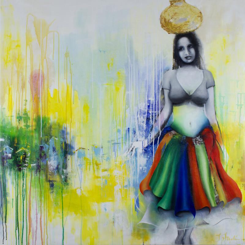 Figurative mixed media painting titled 'Staring Into The Void 5', 48x48 inches, by artist Tejinder Ladi Singh on Canvas