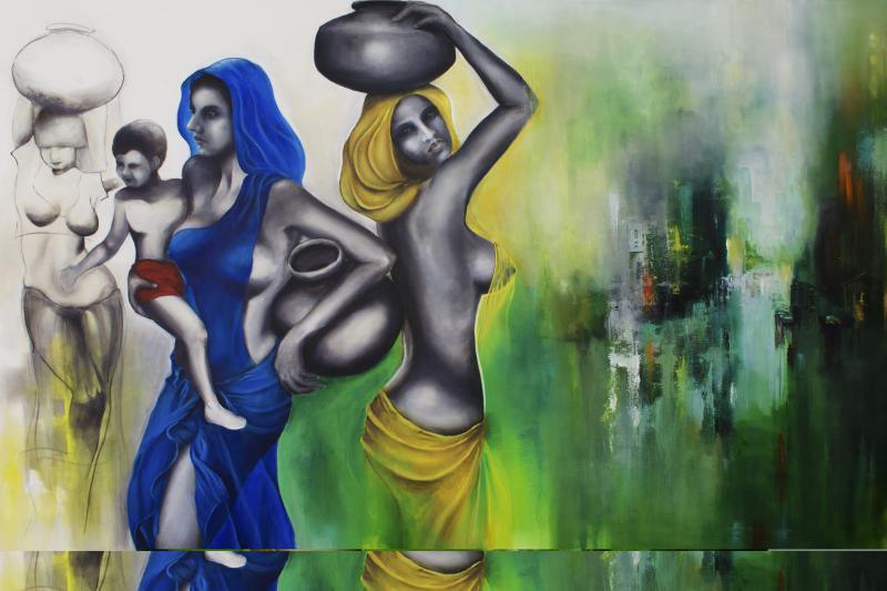 Nude mixed media painting titled 'Staring Into The Void 6', 48x72 inches, by artist Tejinder Ladi Singh on Canvas