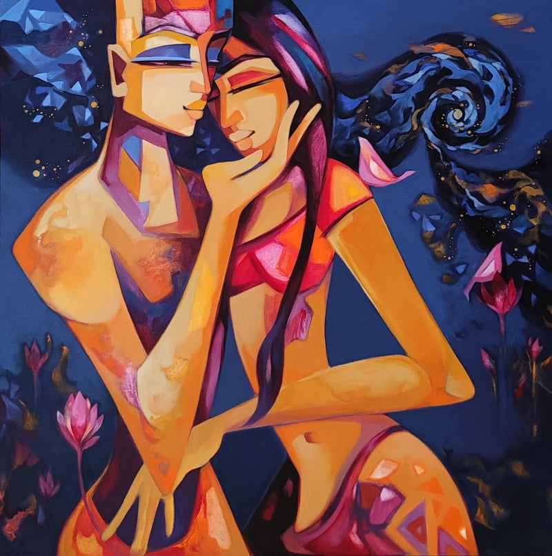 'On A Starry Night' figurative acrylic painting by artist Laxmi Mysore, 36x36 inch, on canvas