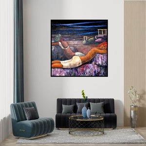 Preview of 'Starry Night' Painting by Suruchi Jamkar shown on a wall in a furnished room.