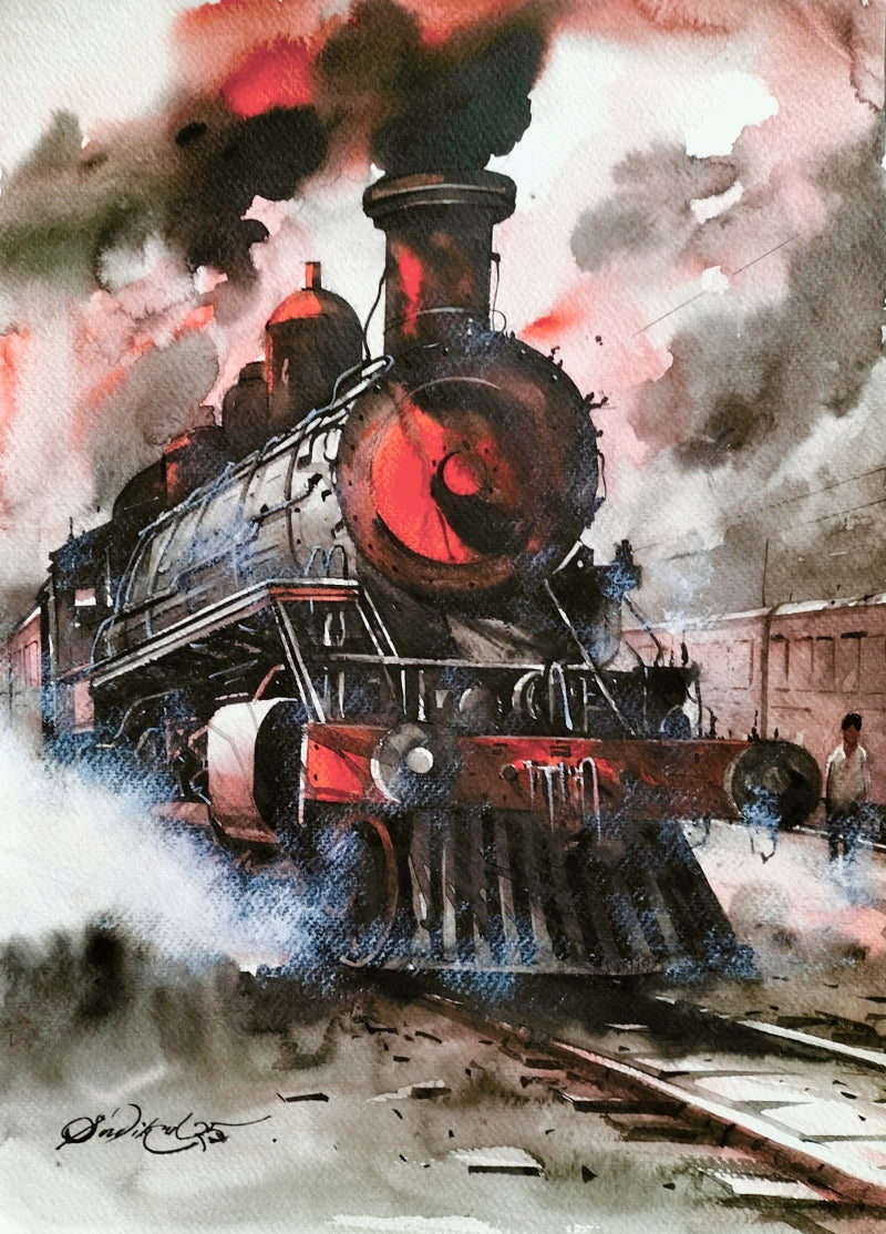 Steam Engine 5' transportation watercolor painting by artist Sadikul Islam, 16x12 inch, on paper