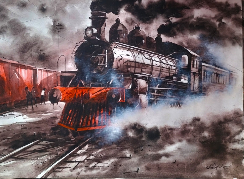 Steam Engine 8' transportation watercolor painting by artist Sadikul Islam, 12x17 inch, on paper