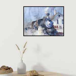 In-situ view of Bijay Biswaal's 'Steam Loco (Arrival at the Station)' painting in a room