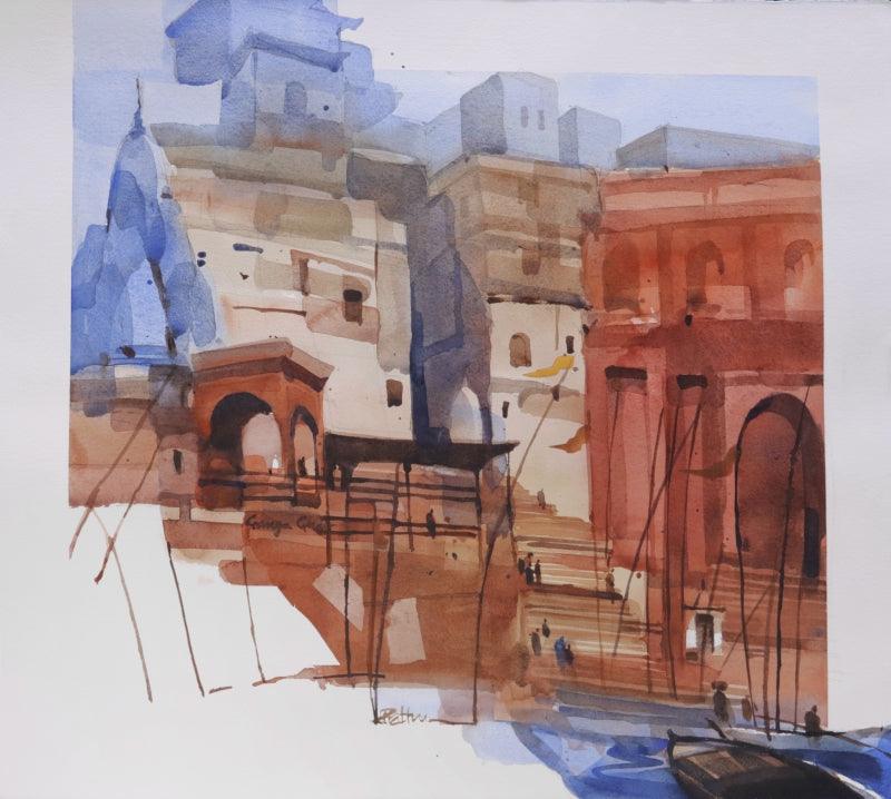 Religious watercolor painting titled 'Step By Step Banaras 7', 20x22 inches, by artist Prashant Prabhu on Archival Paper