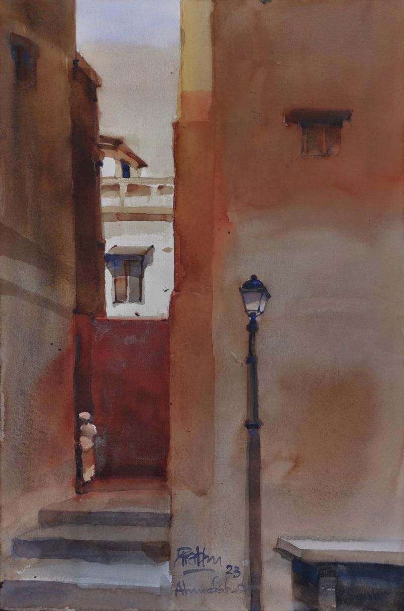 Landscape watercolor painting titled 'Step In Steeped In Heritage City', 22x15 inches, by artist Prashant Prabhu on Arches Paper