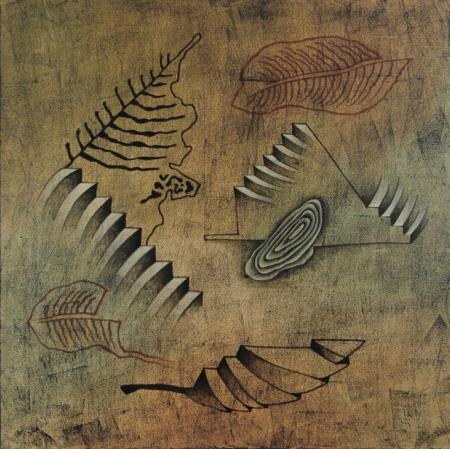 Abstract oil painting titled 'Stepping Leaf Abstract', 42x42 inches, by artist Santosh More on Canvas