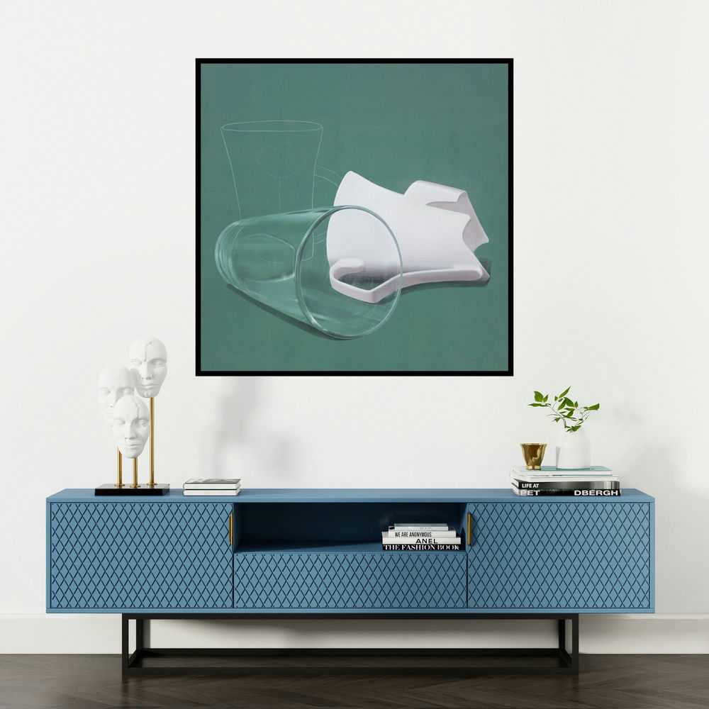 'Still Life 2 (Everyday Objects)' painting by Jaswinder Singh shown on a wall in a furnished room.