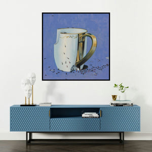 'Still Life 3 (The Uninvited Guests)' painting by Jaswinder Singh shown on a wall in a furnished room.