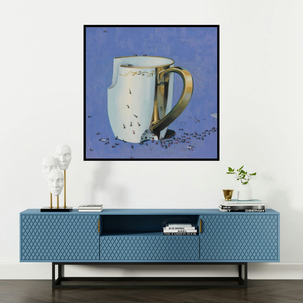 'Still Life 3 (The Uninvited Guests)' painting by Jaswinder Singh shown on a wall in a furnished room.