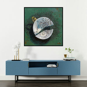 'Still Life 4 (Divided)' painting by Jaswinder Singh shown on a wall in a furnished room.