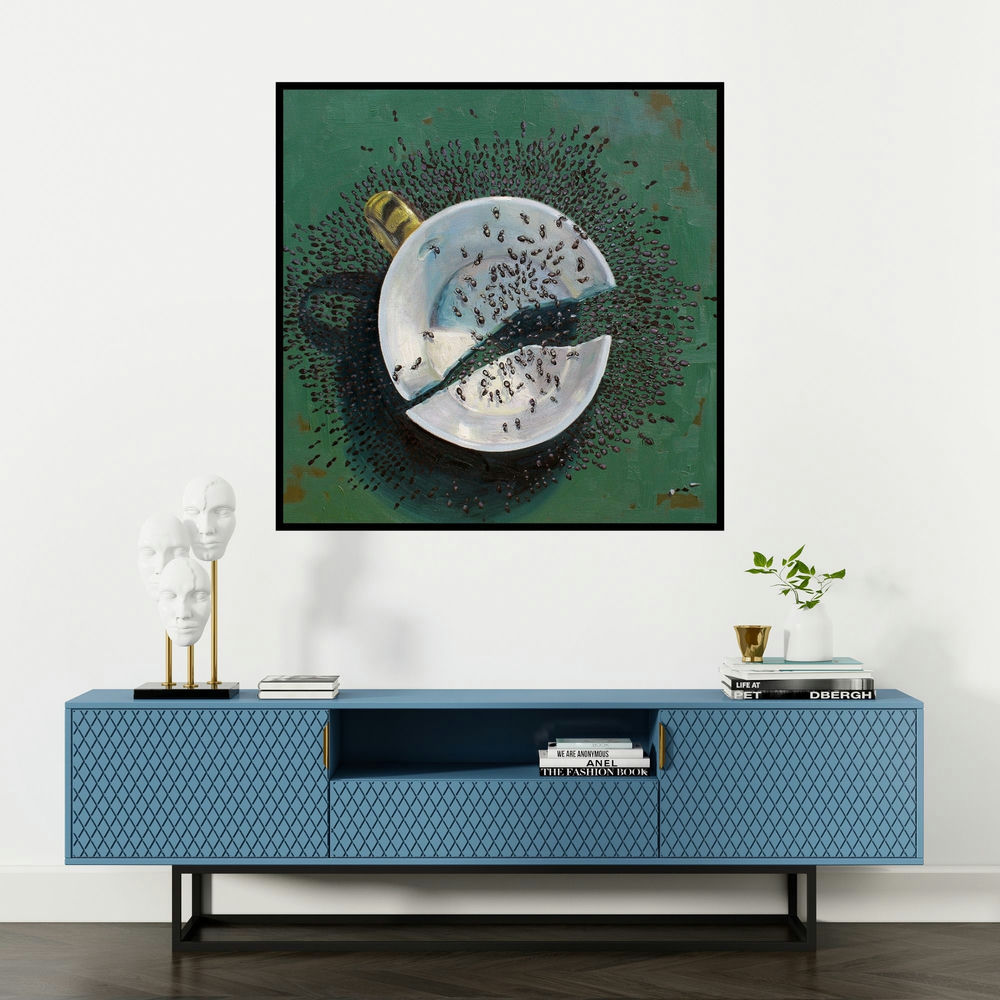 'Still Life 4 (Divided)' painting by Jaswinder Singh shown on a wall in a furnished room.
