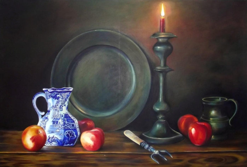 Still Life With A Candle' still-life oil painting by artist Bhavesh Joshi, 24x36 inch, on canvas