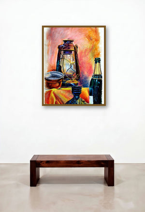 Still Life Oil Pastel (Objects of Time) by artist Srv Artist displayed in a Boutique Hotel Style Family Room