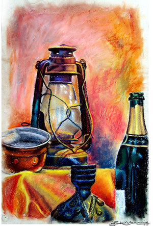 Still Life Oil Pastel (Objects of Time) by Srv Artist, Original Oil Pastel Still-Life Painting on Board, Small Vertical Wall Art