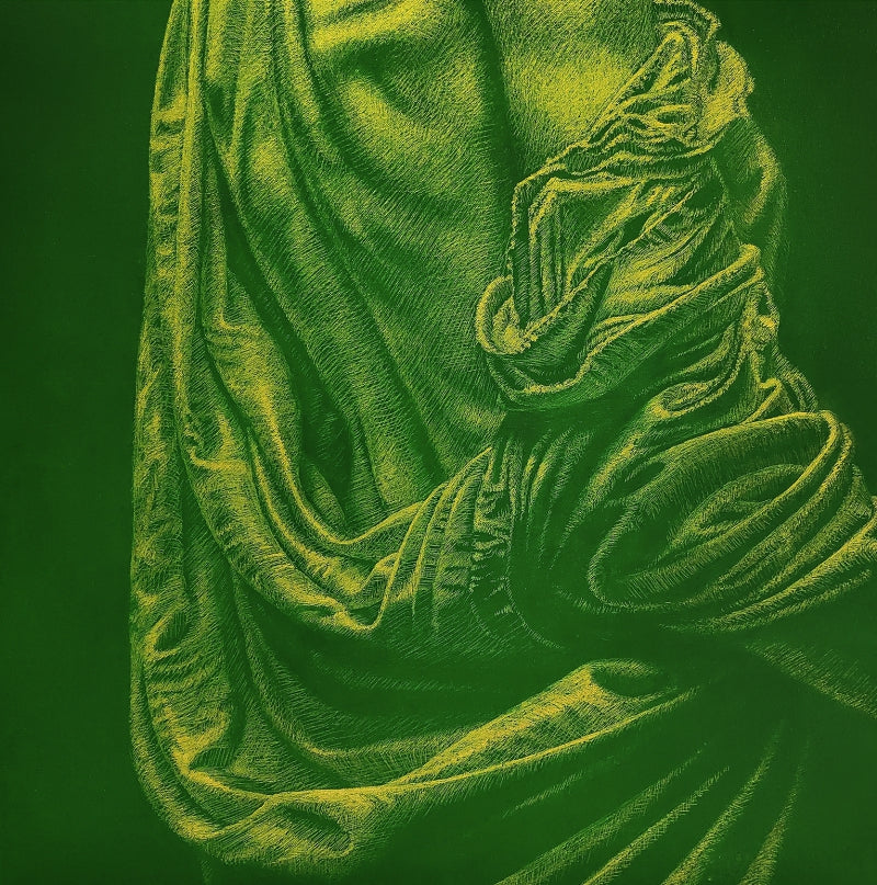 Stillness-in-green-abid-shaikh' figurative acrylic-oil painting by artist Abid Shaikh, 24x24 inch, on canvas