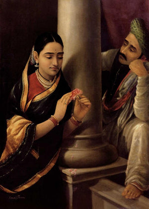 Stolen Interview (An Unexpected Encounter) by Raja Ravi Varma, Print Oil Figurative Painting on Canvas, X-Small Vertical Wall Art