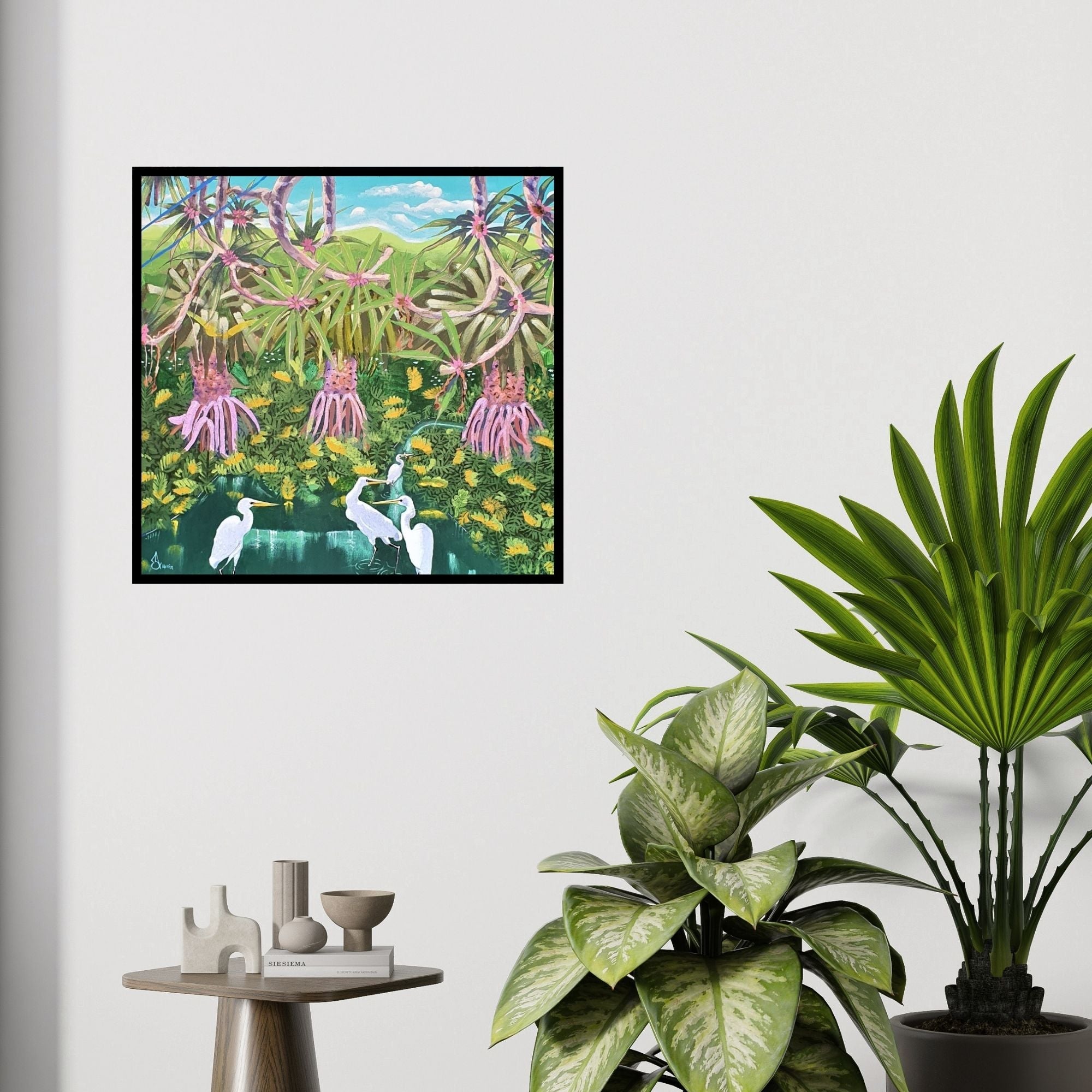 In-situ view of Sudhakaran Edakandy's 'Storks (Egrets in Paradise)' painting in a room