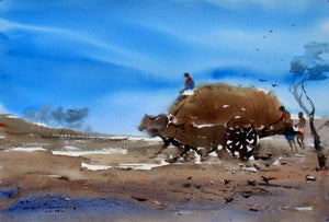 Storm And The Dusty Path (Countryside Commute) by Jiaur Rahman, Original Watercolor Cityscape Painting on Paper, Small Horizontal Wall Art