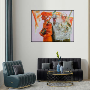 'Story Teller 1' painting by Ajay Deshpande shown on a wall in a furnished room.