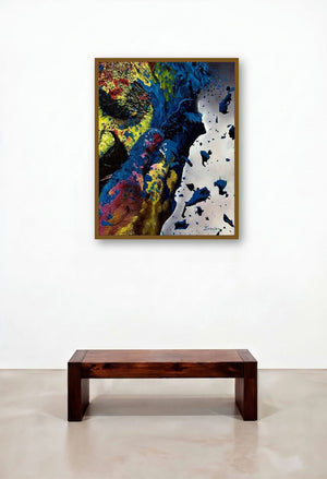 Story Untold (Chromatic Soul: An Abstract Portrait) by artist Taranga Boruah displayed in a Mid-Century Modern Dining Room