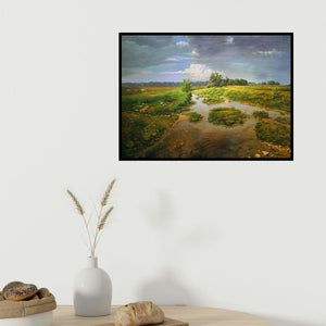 Sanjay Sarfare's 'Stream (Flowing River)' painting visualized above a sofa in a contemporary room.