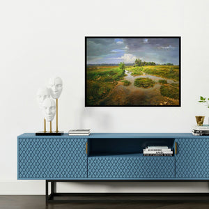 'Stream (Flowing River)' painting by Sanjay Sarfare shown on a wall in a furnished room.