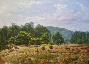 Stream Side by Sanjay Sarfare, Original Oil Landscape Painting on Canvas, Small Horizontal Wall Art