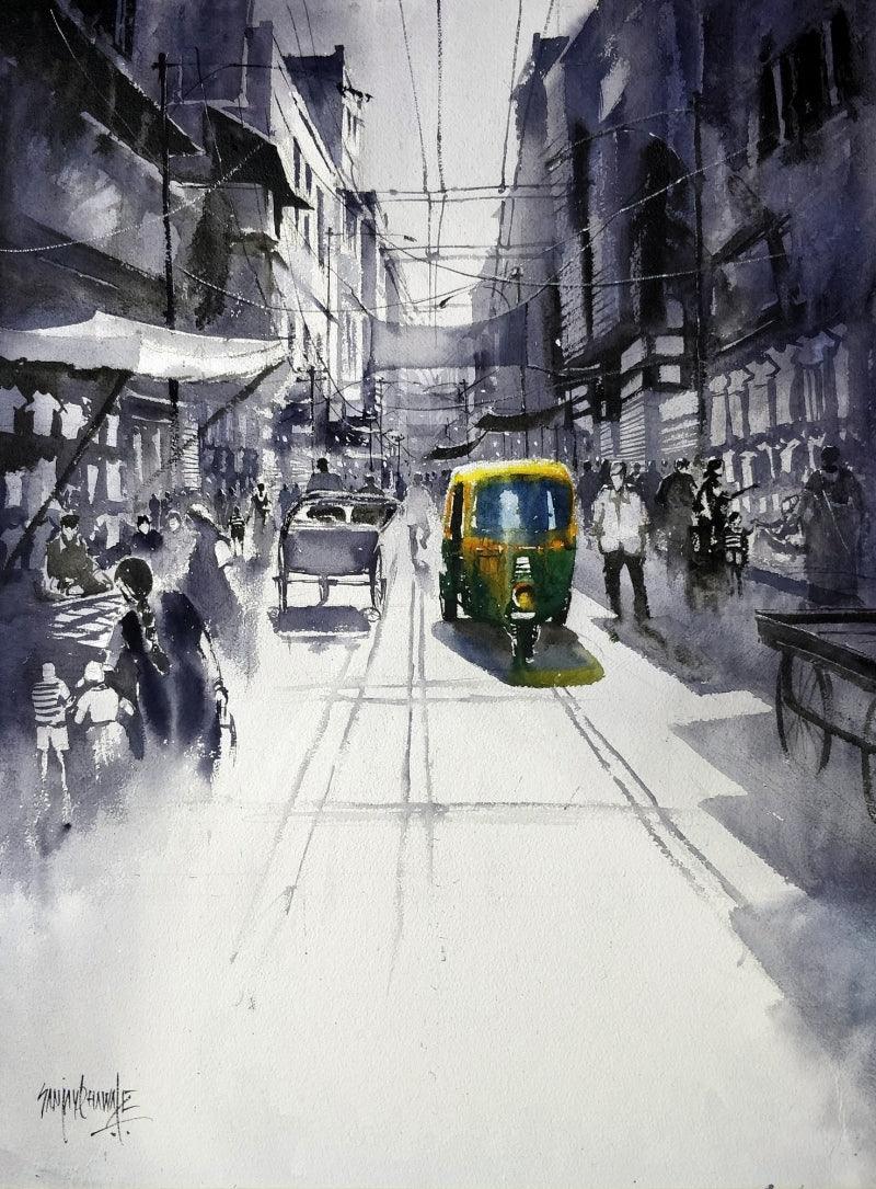 Landscape watercolor painting titled 'Street', 30x22 inches, by artist Sanjay Dhawale on Handmade Paper